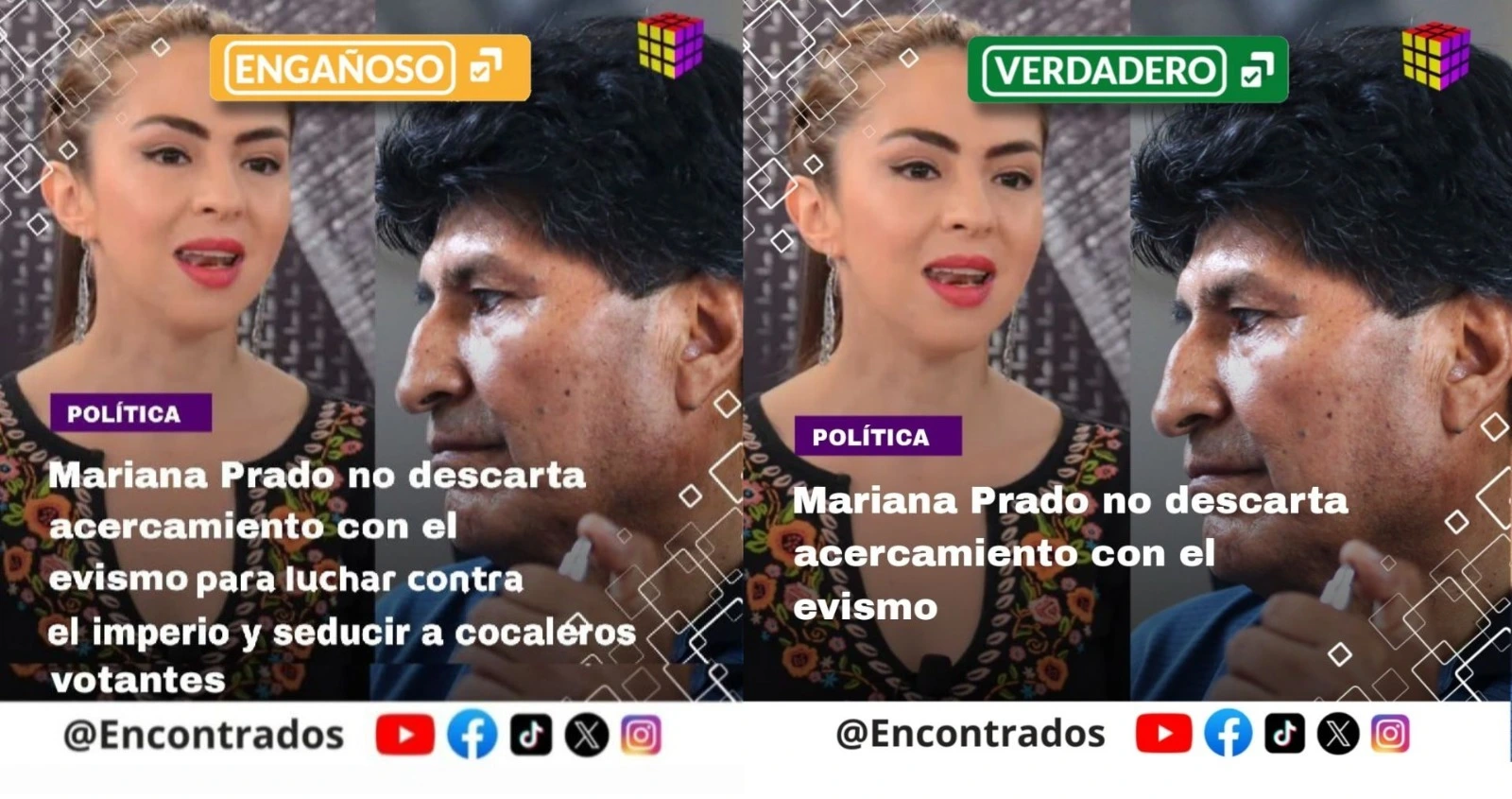 La publicación engañosa (izq) y la verdadera (der), del medio digital Encontrados.